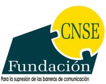 Logo de Fundación CNSE, letras Fundación en fondo verde y CNSE en un círculo de fondo amarillo, texto debajo "Para la supresión de las barreras de comunicación"