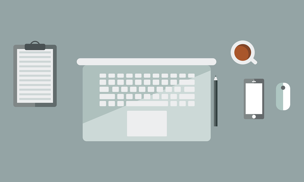 Ilustración de ordenador portátil, bloc de notas, teléfono móvil y taza de café